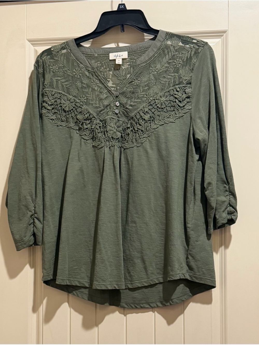 Style & Co. Olive Green Lace-Yoke Henley Tunic